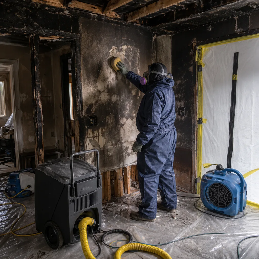 Professional technician performing fire and smoke damage restoration on charred wall