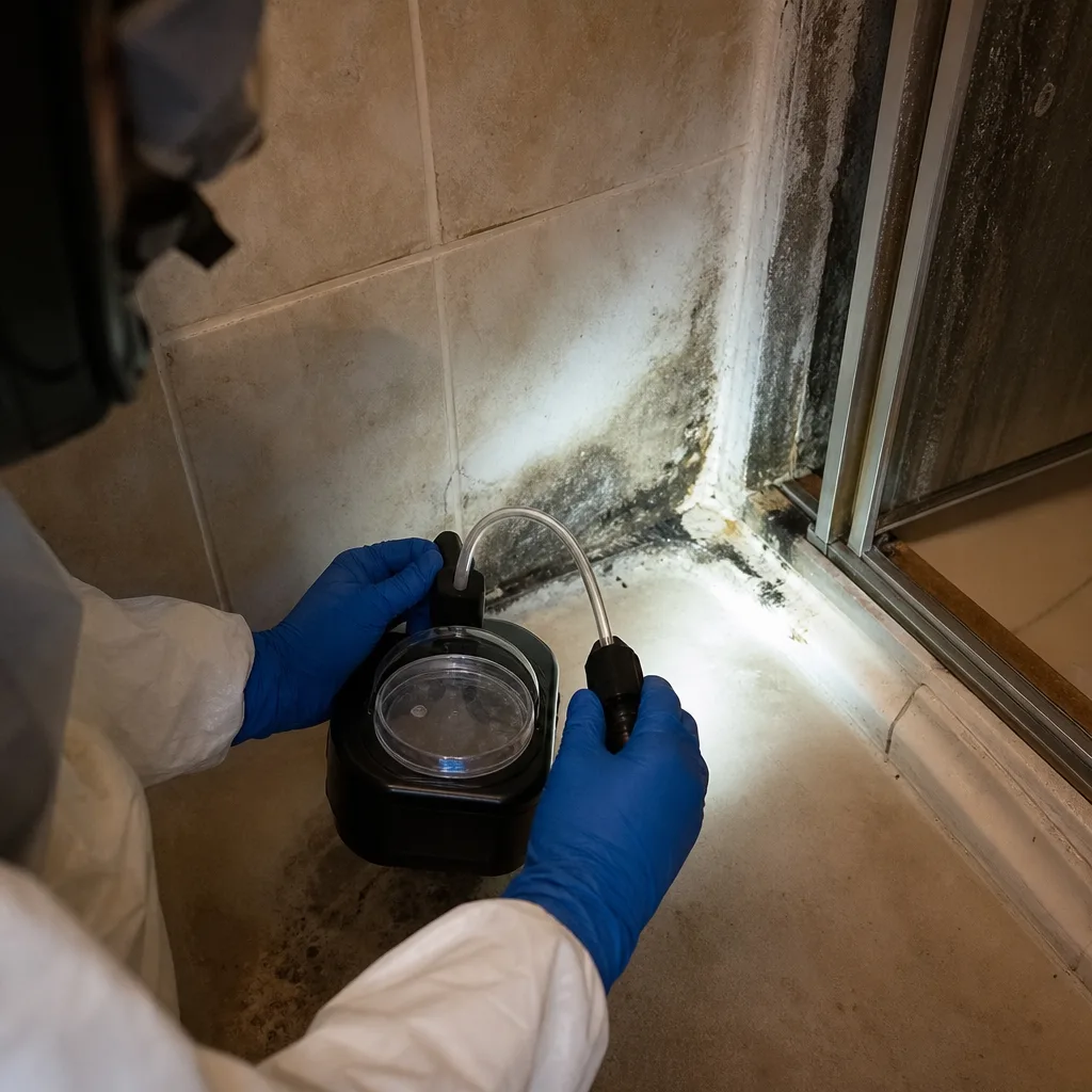 Professional technician performing mold air quality testing in a bathroom