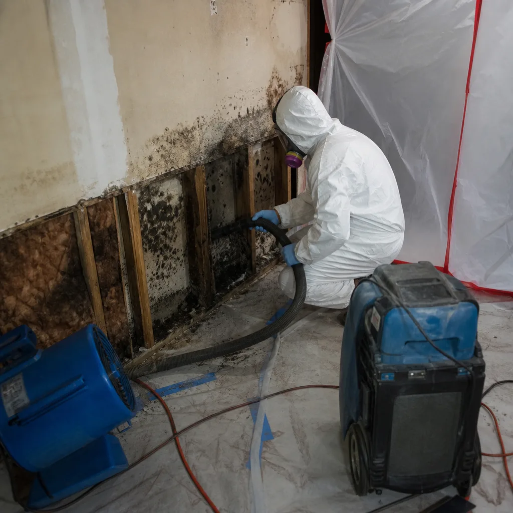 Professional in protective suit performing mold remediation with industrial equipment.