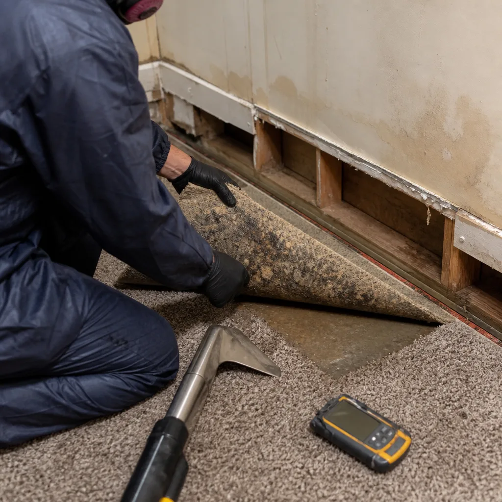 Technician in protective gear inspecting water-damaged carpet padding
