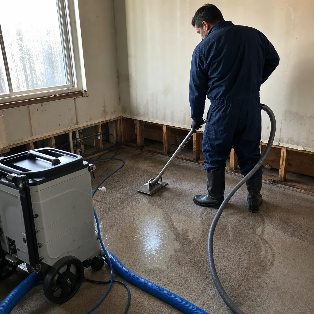 professional water damage restoration technician using floor extraction equipment