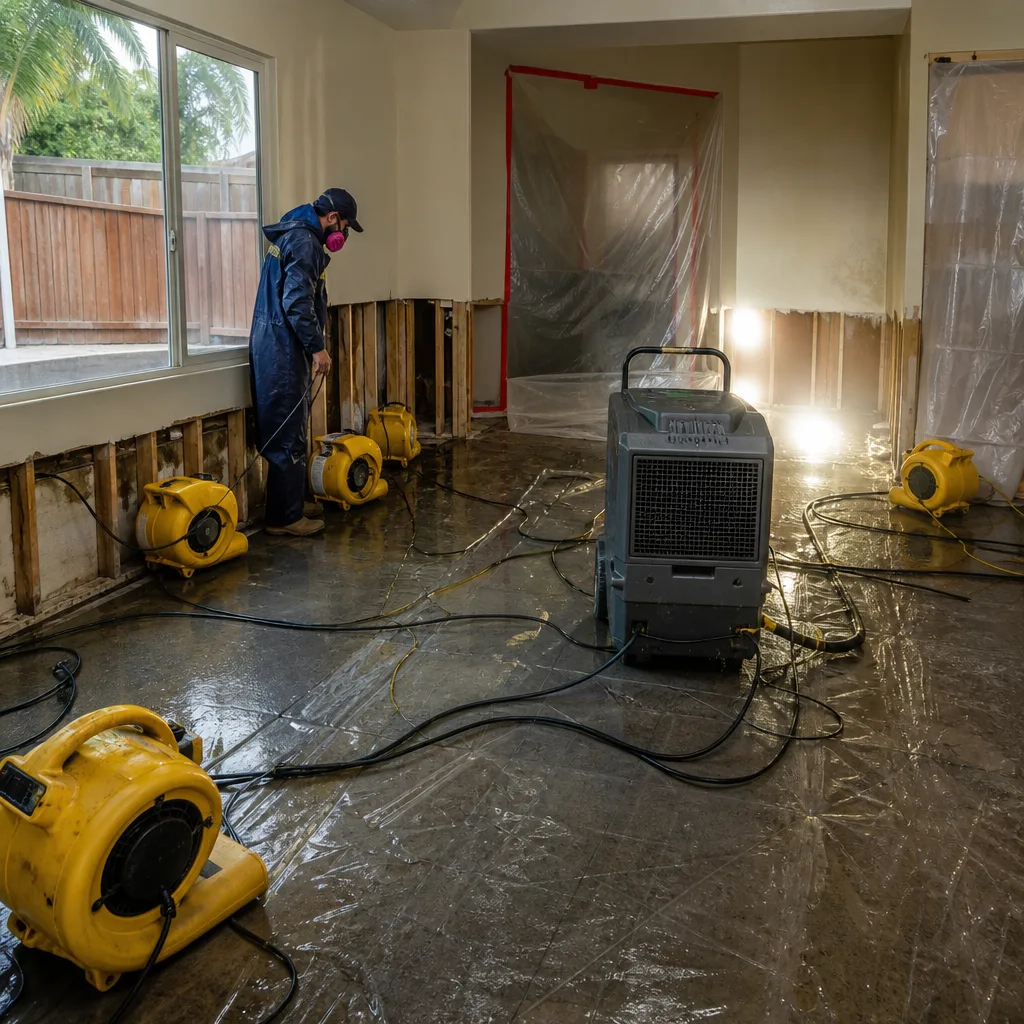 Water damage restoration professional using industrial fans and dehumidifier equipment.